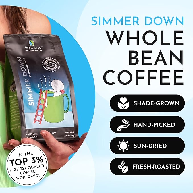 Well-Bean Coffee - Simmer Down Colombian Coffee Beans Decaf Coffee Swiss-Water-Processed Whole Bean Coffee Vegan Decaf Coffee Beans Light Roasted Coffee 2 lb Coffee Bag