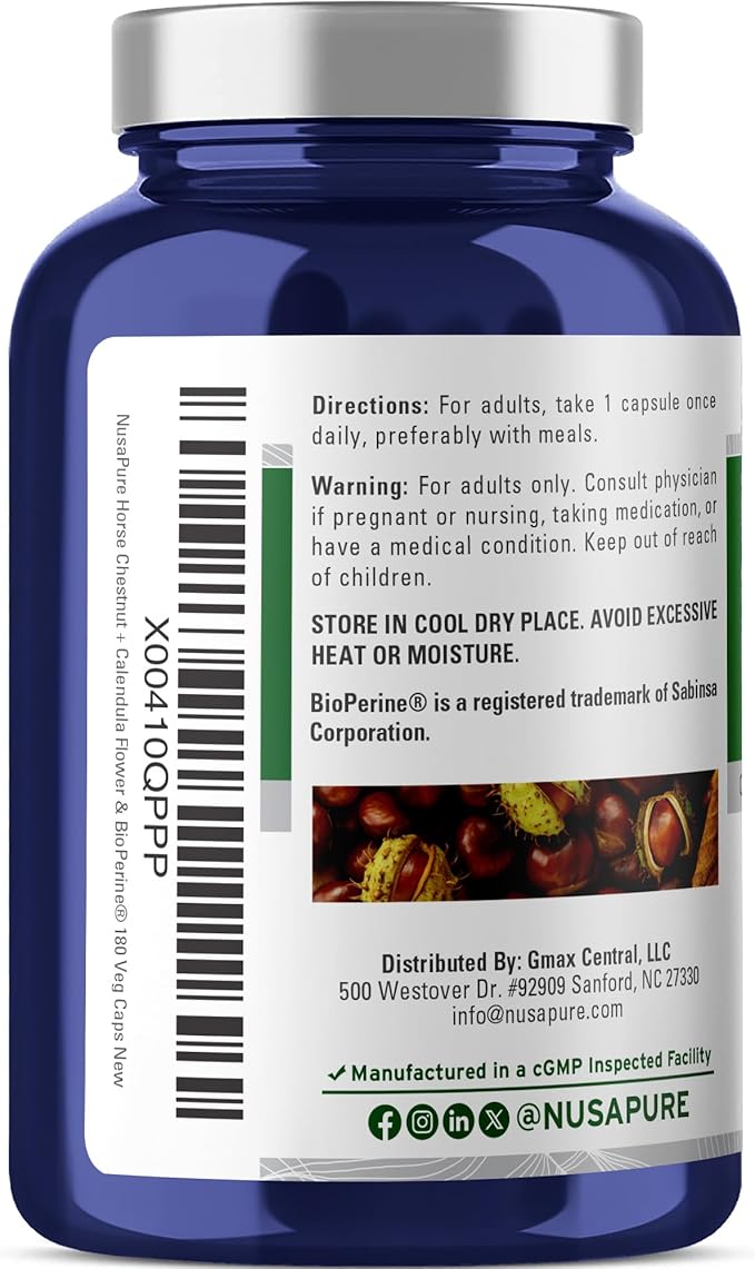 NusaPure Horse Chestnut 20:1 Extract 300 mg Equivalent to 6000mg 180 Veggie Caps Non-GMO Vegan BioPerine Calendula Flower