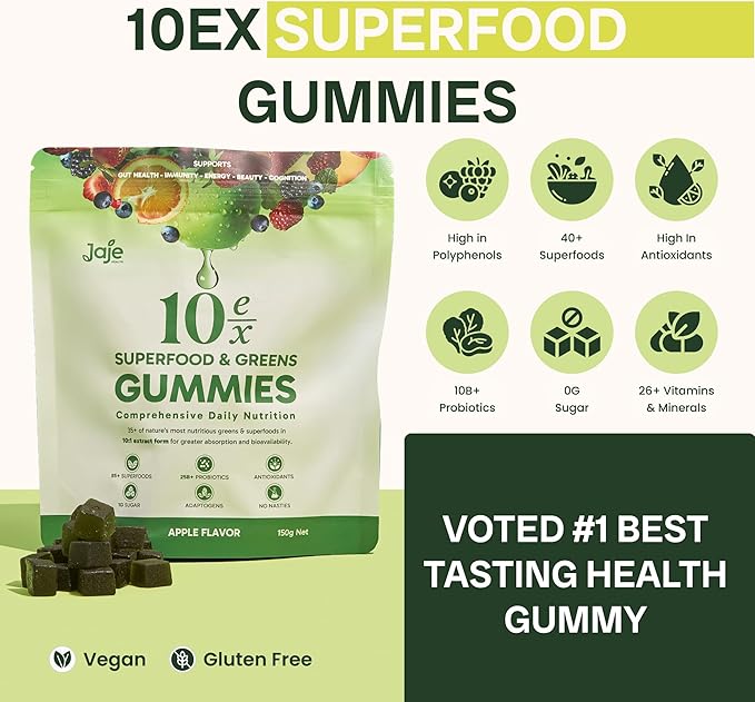 10ex Supergreens Gummies w/Probiotics. 40 Superfoods &amp Super Greens. 10x More Nutrients. Multivitamins &amp Antioxidants from Whole Foods. Healthy Snacks for Adults. Keto Low Carb Low Calorie S