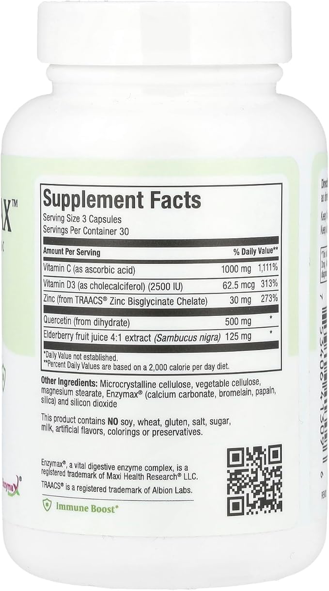 Maxi Health Quercetin 500mg Capsules – Zinc Supplements for Women and Men – Non-GMO Kosher and Gluten-Free Quercetin Supplements with Elderberry Vitamin C and Zinc (90 Veg Capsules)