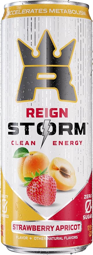 REIGN Storm Strawberry Apricot Fitness &amp Wellness Energy Drink 12 Fl Oz | Pack of 12