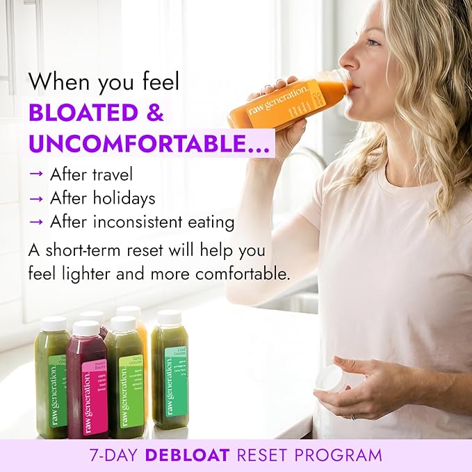 Raw Generation 7-Day Debloat Reset Cleanse – Plant-Based Nutritional Reset for Bloating &amp Digestive Comfort | Cold-Pressed Raw Juice Program to Help You Feel Lighter &amp Less Puffy