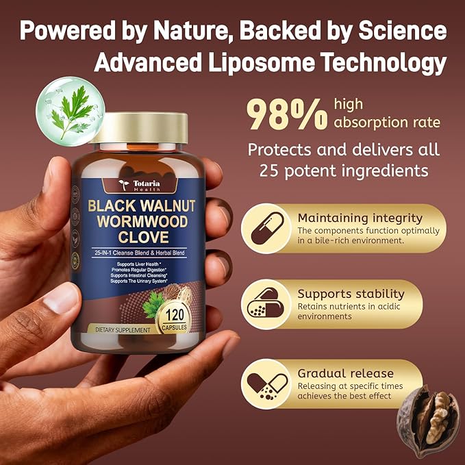 Totaria 120 Counts 25-in-1 Wormwood Black Walnut Clove Cleanse for Humans Capsules - Gut Cleanse Detox &amp Digestive &amp Liver Health with Pumpkin Seed Oil Clove Garlic Oregano - Herbal Vegan Caps