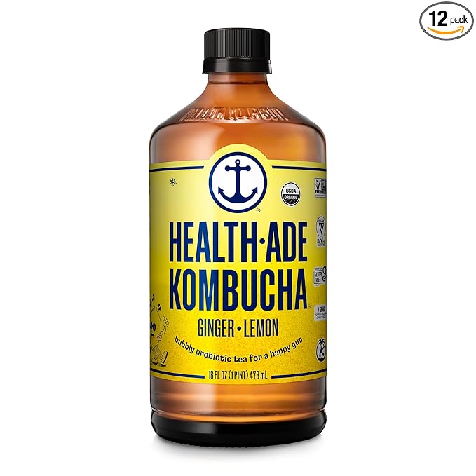 Health-Ade Kombucha Tea Organic Drink Fermented Tea with Living Probiotics Detoxifying Acids Supports Gut Health Non-GMO Vegan Gluten Free 12 Pack (16 Fl Oz Bottles) Ginger-Lemon