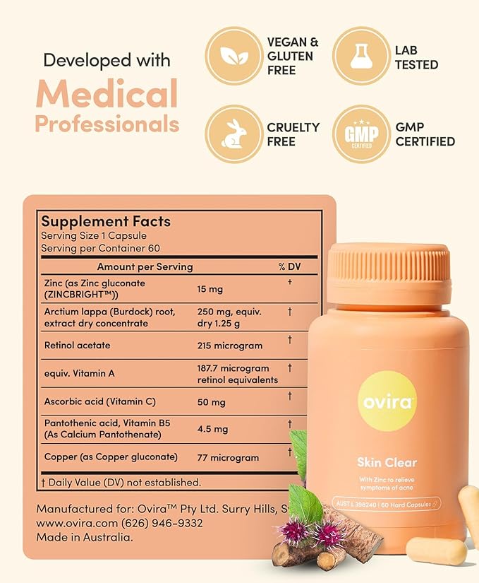 Ovira Skin Clear with ZINCBRIGHT - 60 Capsules for Clear and Glowing Skin | Rosacea &amp Hormonal Acne Treatment | Support Collagen Production | Acne Supplements for Women &amp Men - Pack of 2