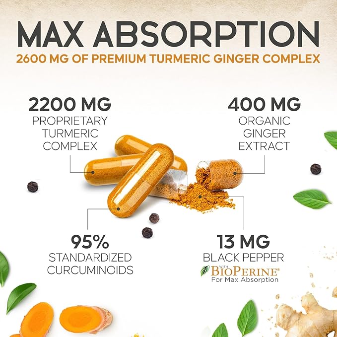 Turmeric Curcumin Supplement - 2000mg Organic Turmeric &amp 400mg Organic Ginger per Serving - 95% Curcuminoids &amp BioPerine Black Pepper for Best Absorption &amp Joint Support Bottled in USA -