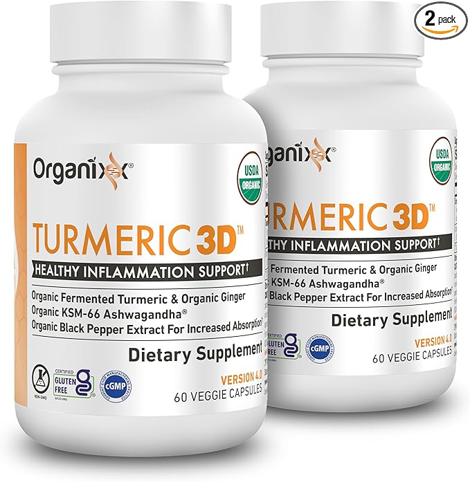 Organixx USDA Organic Turmeric Curcumin Supplement with Ashwagandha Vitamin D Turmeric &amp Ginger – Fermented for Maximum Bioavailability 60 Count (Pack of 2)