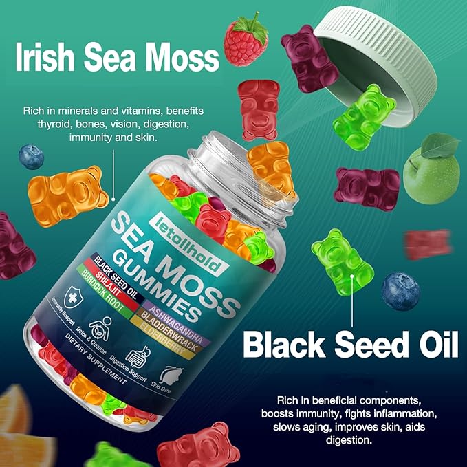 Sea Moss Gummies - Irish Sea Moss Gummies Advanced for Adults with Ashwagandha Bladderwrack &amp Burdock Root for Supports ImmuneEnergy - 60 Vegan Gummy4PCS