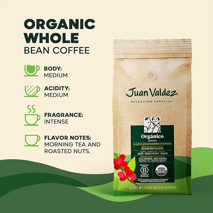 Juan Valdez Organic Whole Bean Coffee - Balanced Roast | 100% Colombian Arabica Beans | 100% Colombian Coffee - Balanced Profile with Moringa &amp Nutty Notes | Certified USDA Organic | 16 oz / 454 g
