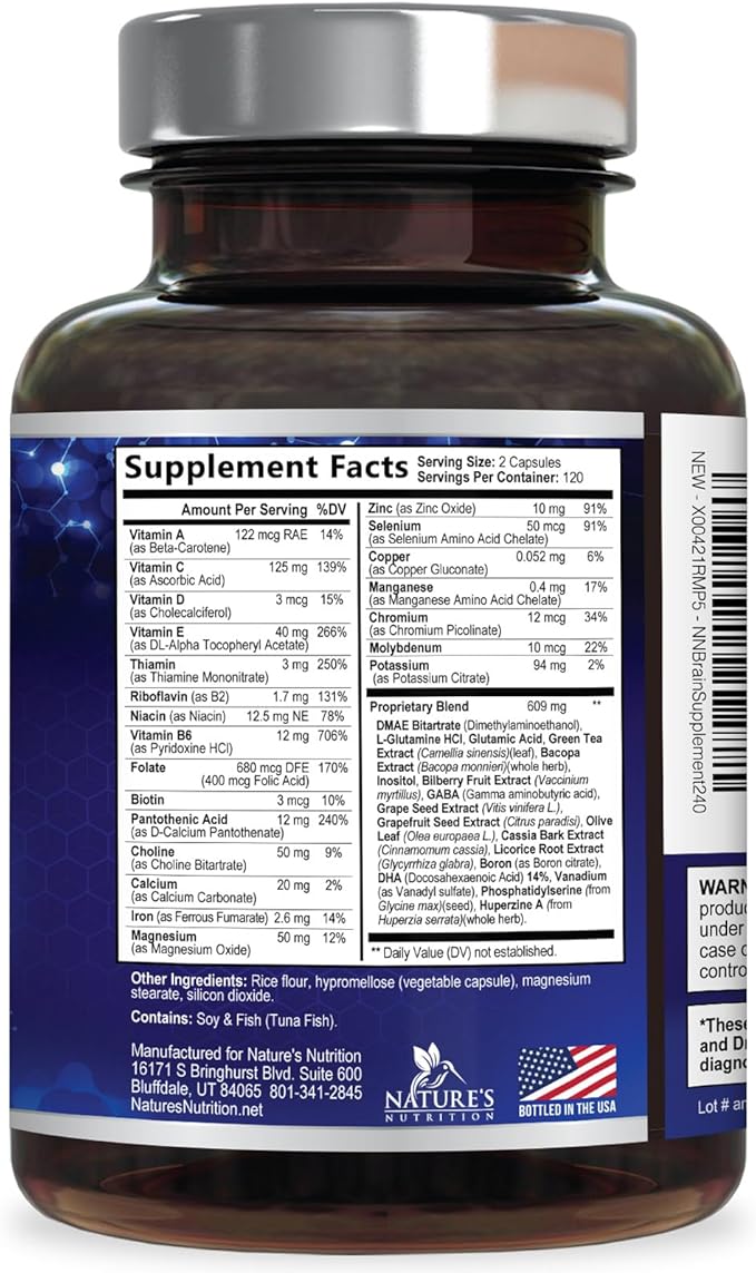 Brain Memory Supplement Pills - 3X Strength Nootropics for Concentration Clarity &amp Focus Support - Brain Health Cognitive Vitamins with Bacopa Phosphatidylserine &amp DMAE Brain Booster - 240