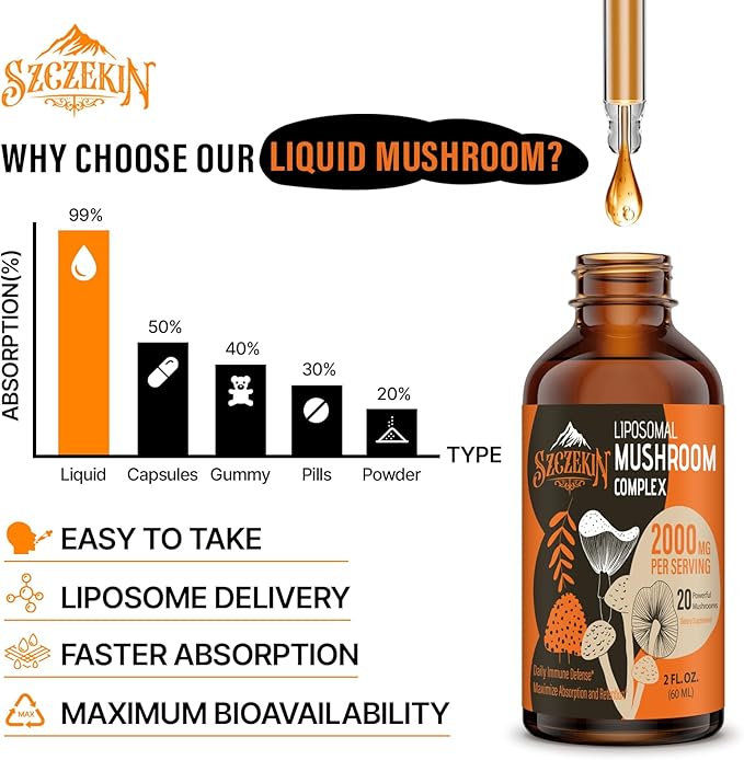 Liposomal Mushroom Complex Drops 2000 MG - 20 Organic Mushroom Extracts - Advanced Liquid Formula for Immunity Cognitive and Memory - Lions Mane Supplement Reishi Cordyceps Chaga 60 Servings