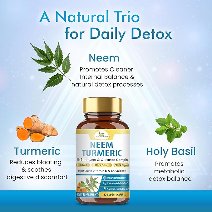 Organic Veda Neem Turmeric Capsules - 5 in 1 Herbal Complex with Amla Fruit Holy Basil Black Pepper - Immune Cleanse Skin &amp Gut Health Supplement with Vitamin C &amp Antioxidants 120 Vegan Ca