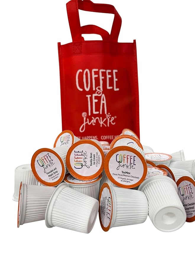 Coffee Junkie Organic Swiss Water Decaf Coffee Pods (Orange lids) 36 Cups + 1 Bonus Single Serve Seasonal Collection