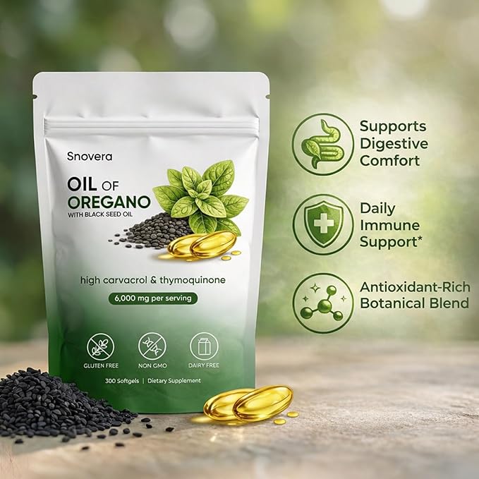 Snovera Oil of Oregano 2 in 1 Organic Oil of Oregano with Black Seed Oil for Immune Digestive Support Gut Comfort 6000mg Per Serving Plant Based Non-GMO 300 Softgels