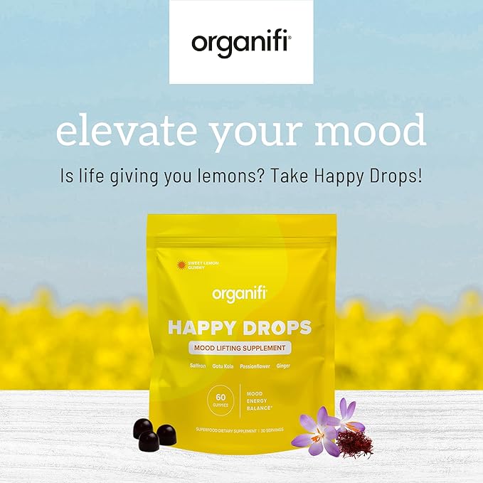 Organifi Happy Drops - Daily Superfood Happy Gummies for Adults - Mood Support Supplement for Balance Bliss Energy and Taking the Edge Off - Sweet Lemon Flavor - 60 Gummies