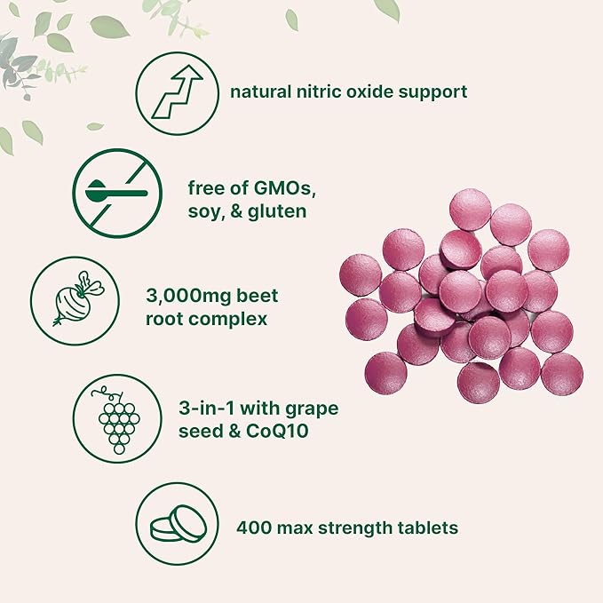 Micro Ingredients Beet Root 3000mg with Grape Seed Extract &amp CoQ10 400 Tablets | 200 Servings | Super Beets Supplements from Fresh Beetroot Extract