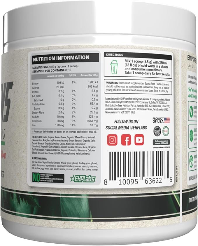 EHP Labs OxyGreens Super Greens Powder with Spirulina &amp Chlorella Prebiotic Fiber Probiotics &amp Digestive Enzymes – Antioxidant Green Superfood Supplement - 15 Serves (Strawb. Margarita)