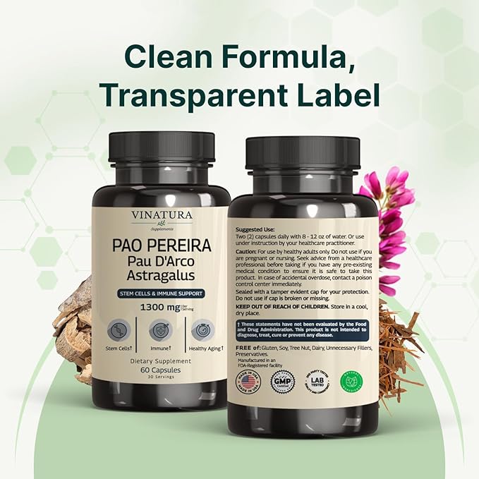 VINATURA Pao Pereira + PAU D'Arco Astragalus - 1300MG Serving USA Made &amp Tested Stem Cells and Immune Support 60 Capsules