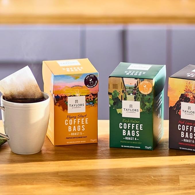 Taylors of Harrogate Coffee Bags 2 X 10 Rich Italian Coffee Bags 2 X 10 Hot Lava Java Coffee Bags and 2 X 10 Flying Start Coffee Bags (Total 6 Packs 60 bags)