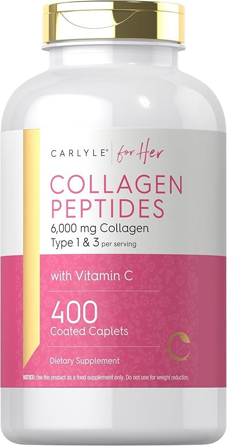Carlyle Collagen Peptides 6000mg | 400 Caplets | with Vitamin C | Type 1 and 3 | Non-GMO Gluten Free Grass Fed Supplement