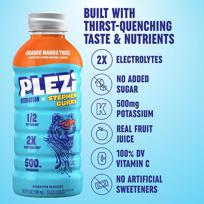 PLEZi Hydration Drink Bundle – Lemon Lime &amp Orange Mango x Stephen Curry – Sports Drinks with 2X Electrolytes 500mg Potassium No Added Sugar – 16.9 Fl Oz (24 Pack Total)