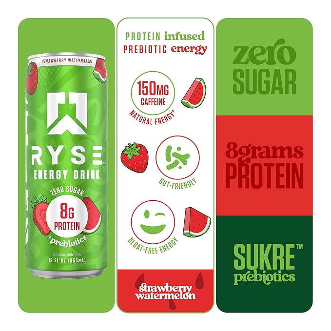 RYSE Functional Energy Drink - Strawberry Watermelon - 150mg Natural Caffeine 8g Whey Protein &amp 1g Prebiotics - Sugar Free Gut-Friendly Bloat-Free - 12 fl oz Cans (12-Pack)