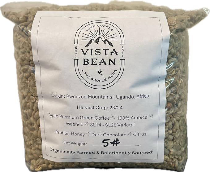 UGANDAN GREEN COFFEE BEANS (UNROASTED) - 5 LB BAG - NATURAL / DRUGAR - Naturally Processed - Eastern Africa - Rwenzori Mountains - Organically Farmed &amp Relationally Sourced - 100% Arabica - SL14 &