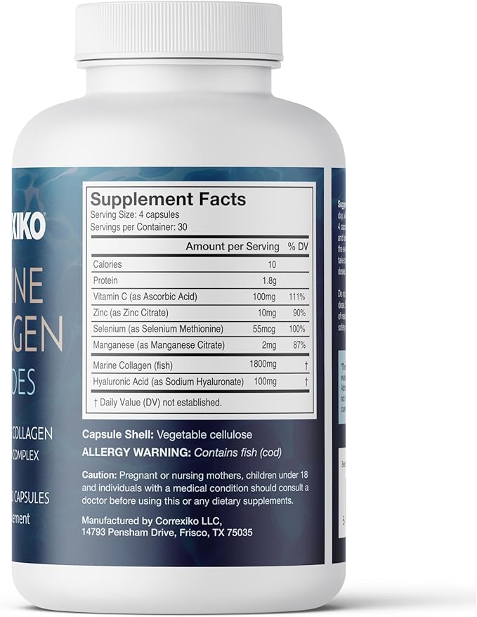 CORREXIKO Marine Collagen Supplement Pills - 1800mg Hydrolyzed Collagen Peptides per Serving with Added Hyaluronic Acid Vitamin C &amp Minerals - for Hair Skin &amp Nails - 360 Capsules 3 Month Su
