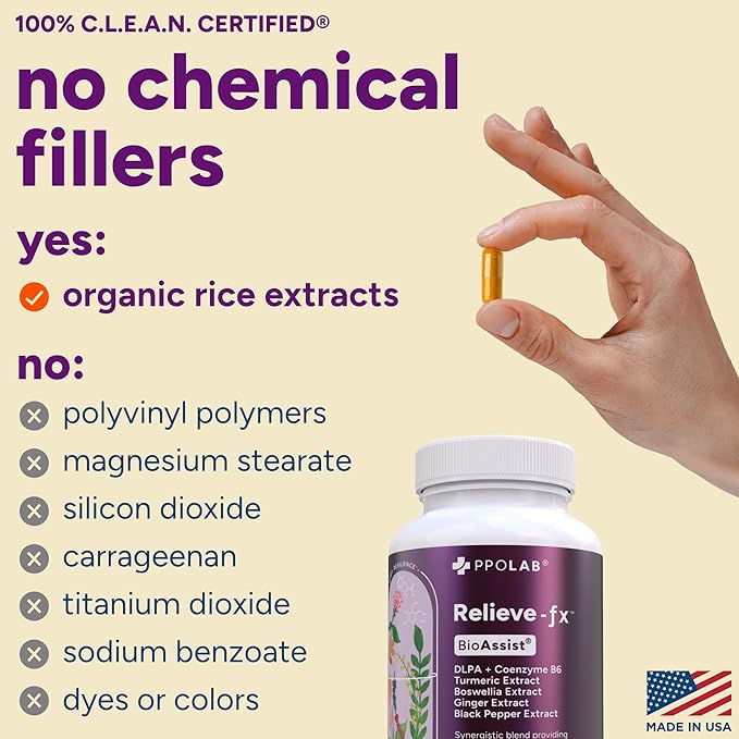PPO Lab® Relieve-fx™ DLPA Boswellia Turmeric Ginger Supplement for Inflammation Health Heart Gut Cramps Joint Stress Relief Factors as Curcumin Boswellic Acid Black Pepper Extract 90 Capsules