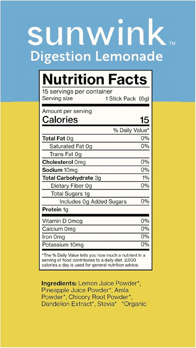 Sunwink - Digestion Lemonade Powder - Gut-Friendly Drink Mix with Plant-Based Botanicals (6g Each Pack of 15)