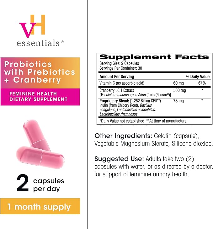 vH essentials Probiotics for Women with Prebiotics Cranberry &amp Vitamin C – 120 Capsules -2 Pack – Vaginal Probiotics Support Gut Balance Vaginal Health &amp Urinary Tract Health for Women