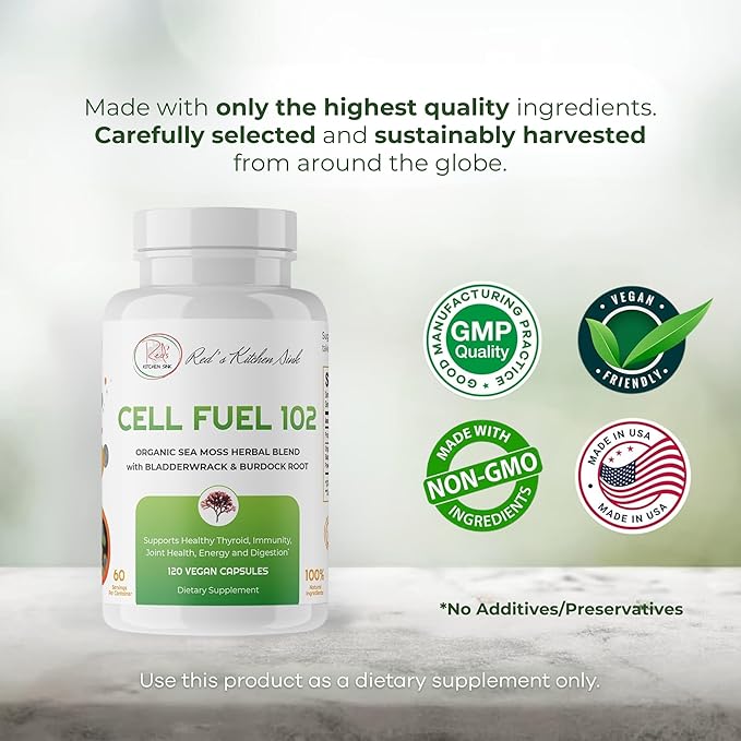 Red's Kitchen Sink Cell Fuel 102 – Organic Sea Moss 120 Capsules with Bladderwrack &amp Burdock Root | Dr. Sebi Inspired Herbal Blend | 60 Servings 2 Month Supply | Vegan 100% Natural