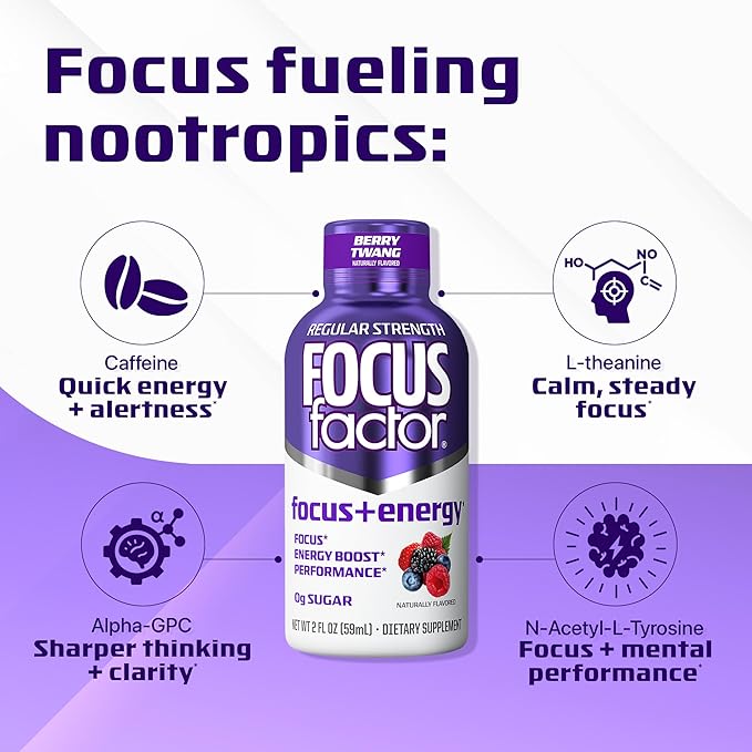 Focus Factor Focus + Energy Shots - 12 x 2oz Bottles (Berry Twang Flavor) - Powered by Nootropics with Caffeine L-Theanine Ginkgo Bacopa L-Tyrosine Alpha GPC