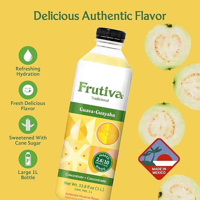 Frutiva authentic Concentrado Yellow Guava Drink Mix | Made in Mexico with Cane Sugar | Aguas Frescas Concentrate Makes 2.6 Gallons Per Bottle | No High Fructose Corn Syrup | Perfect for Drinks Desse