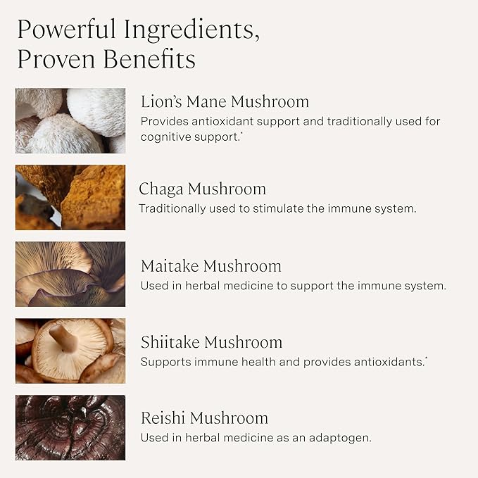 Stonehenge Health Dynamic Mushrooms 1400 mg – 5 Mushroom Complex (Lion’s Mane Reishi Chaga Maitake Shiitake) – 100% Fruiting Bodies Nootropic – Brain Memory Focus &amp Immune Support – 60 Cap