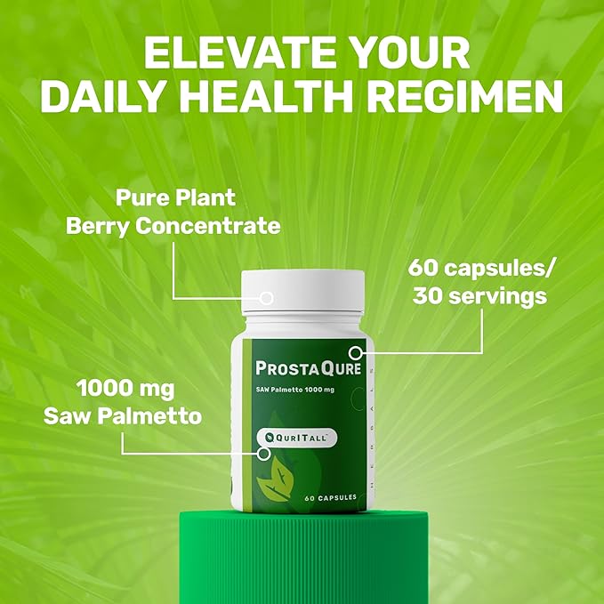 ProstaQure Saw Palmetto 1000 mg - Prostate Supplements for Men's Health - Decrease Nightly Urination &amp Improved Urine Flow - 60 Capsules Vegan Soy Free &amp Gluten-Free