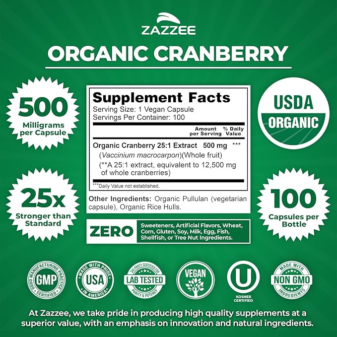 Zazzee USDA Organic Cranberry 25:1 Extract 500 mg per Capsule 100 Vegan Capsules 3+ Month Supply Certified Kosher Vaccinium Macrocarpon Urinary Tract &amp Bladder Support Non-GMO Made in the
