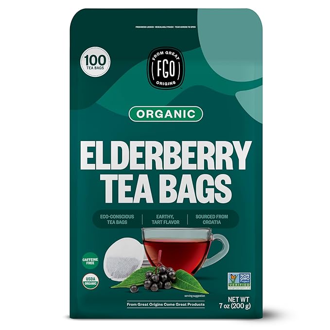 FGO Organic Elderberry Tea 100 Count Eco-Conscious Herbal Tea Bags Resealabel Bag Caffeine Free Packaging May Vary (Pack of 1)