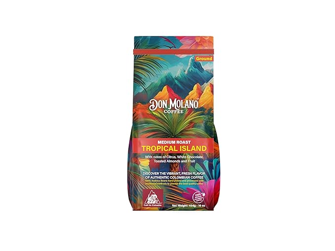 Don Molano Coffee Tropical Island Ground Coffee Medium Roast 16oz - Premium Colombian Coffee Halal Certified – A balanced and smooth blend of luxurious Premium Arabica beans with notes of citrus w
