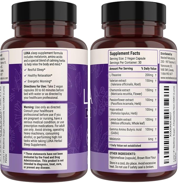 Nested Naturals Luna Sleep Aid - Non-Habit Forming Natural Sleeping Pills for Adults with Naturally Sourced Ingredients - Valerian Root Melatonin Chamomile Lemon Balm and More - 60 Vegan Capsules