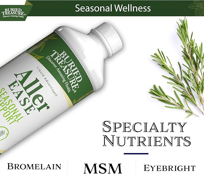 Buried Treasures Aller Ease - 16 fl oz. Liquid Supplement w/ Quercetin Bromelain Mullein Supports Immune Sinus Comfort Non-Drowsy Herbal Formula