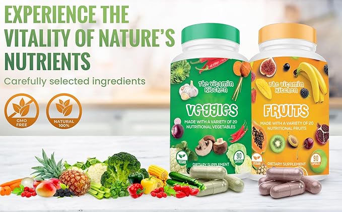 Fruit and Veggie Supplements-90 Fruits 90 Veggies Capsules to Boost Energy Level - Whole Food Fruits and Vegetable from Super Foods - Made in USA - Soy &amp Vegan Free (Pack of 2)…