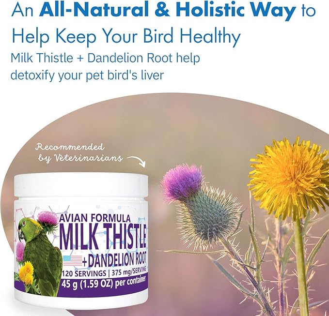 Avian Milk Thistle + Dandelion Root Dietary Supplement for Parrots All-Natural Liver Formula (120 Servings)