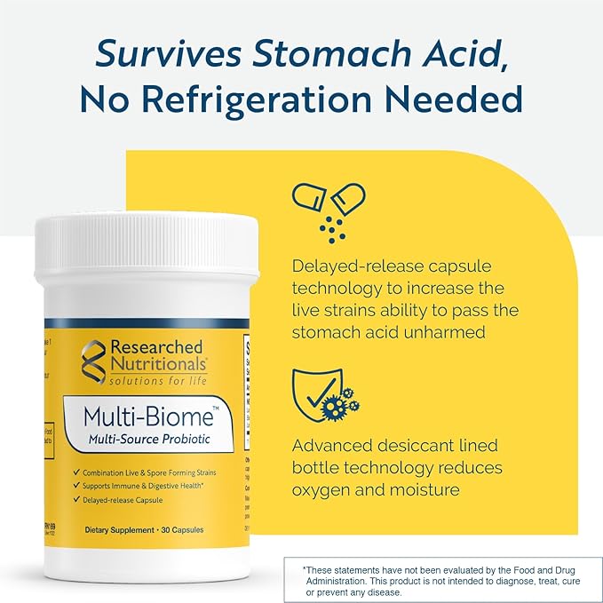 Researched Nutritionals Multi-Biome - Dual-Action Probiotics for Women &amp Men - Spore + Live Strain Formula with Delayed-Release Capsules for Gut Health Histamine &amp Immune Support (30 ct)