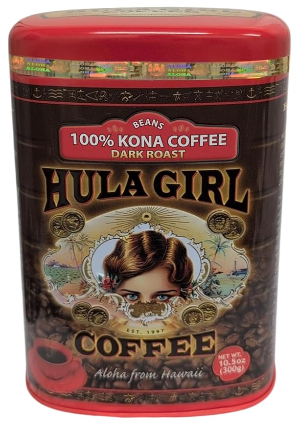 HULA GIRL 100% KONA Roasted Arabica Whole Bean Coffee Dark Roast Net Wt. 10.5 Ounce (0.66Lb) 300 Grams Collector Tin