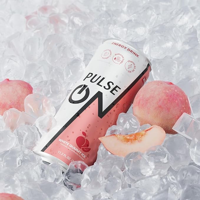 PulseOn Energy Drink- 200mg Natural Caffeine Taurine and Vitamin B|White Gummy Ice Reduced Sugar 11.2 fl oz((Pack of 24)