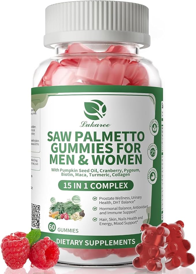 Lukaree Saw Palmetto for Men &amp Women 15 in 1 Saw Palmetto Extract Gummies with Pumpkin Seed Oil Prostate Health Supplements for Men Advanced DHT Blocker Hair &amp Urinary Health Support 60 C