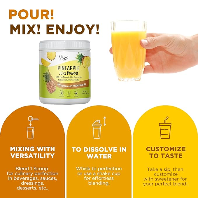 Vegs Pineapple Juice Powder - Freeze Dried Organic Pineapple Powder with Bromelain &amp Antioxidants - Sugar-Free Cold Pressed Tropical Fruit - Smoothies Drinks Cooking Baking - Vegan Non-GMO - 1