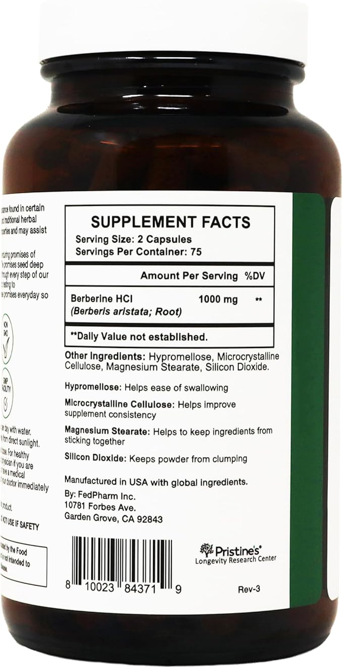 PRISTINE'S Berberine Supplement Capsules - 1000 MG 75 Day Supply 150 Capsules - Heart &amp Immunity Health Support Antioxidant - Digestive Tract &amp Healthy Gut Flora Support