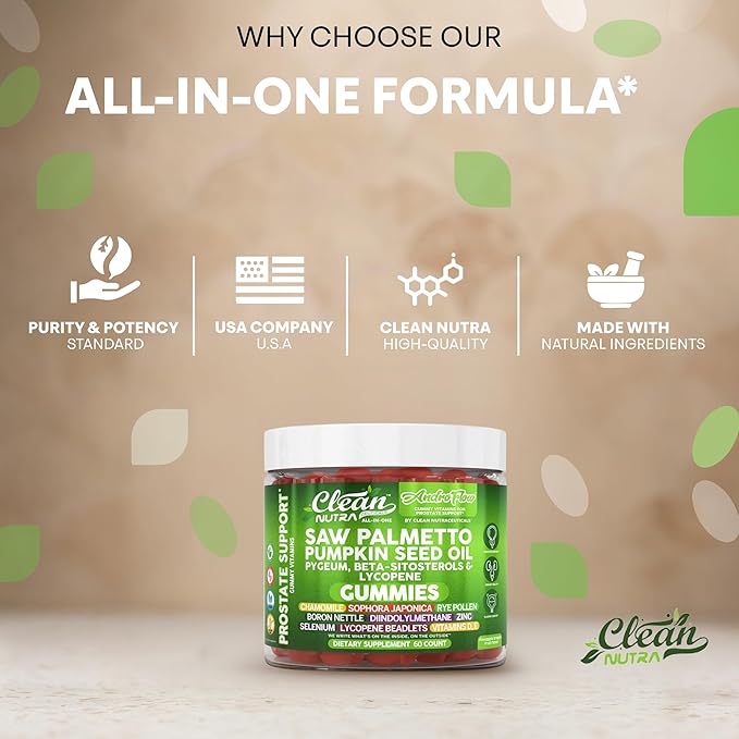AndroFlow Saw Palmetto and Pumpkin Seed Oil Prostate Health Supplements for Men Pygeum Beta Sitosterol Lycopene Boron Zinc Selenium DIM Stinging Nettle Vitamin D 60 Gummy Supplements by Clean Nutra
